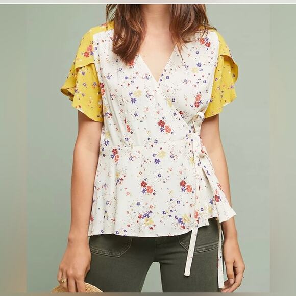 Anthropologie Meadow Rue Bon Voyage Blouse Size 4 Floral Wrap Top Boho Feminine - Picture 3 of 13